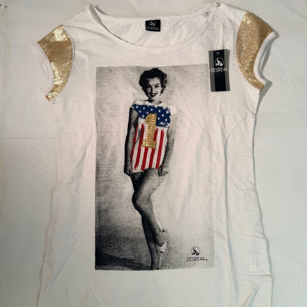 Vintage Women's White S Gold Sequin Marilyn Monroe 1985 American Flag T
